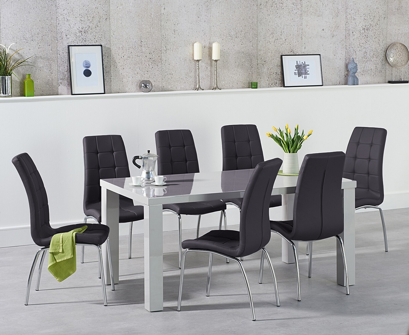 Photo 2 of Atlanta 160cm light grey high gloss dining table with 8 white enzo chairs