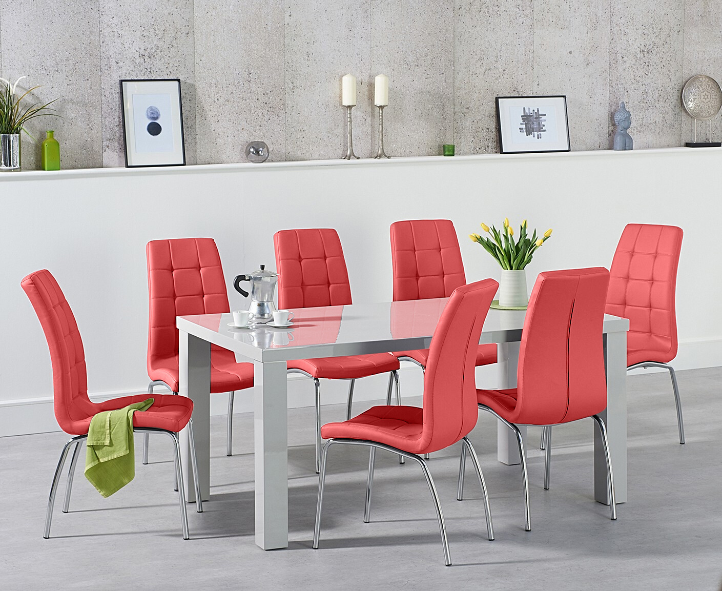 Photo 2 of Atlanta 160cm light grey high gloss dining table with 8 red enzo chairs