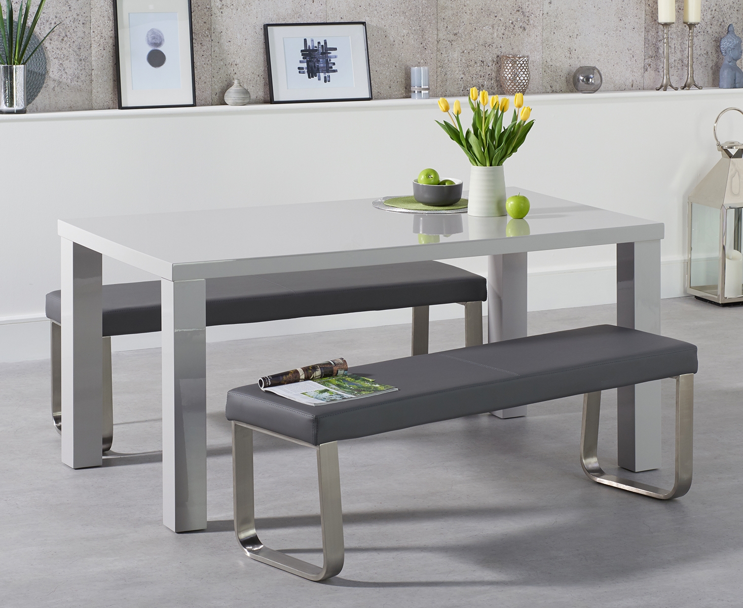 Seattle 160cm Light Grey High Gloss Dining Table With 2 Grey Benches