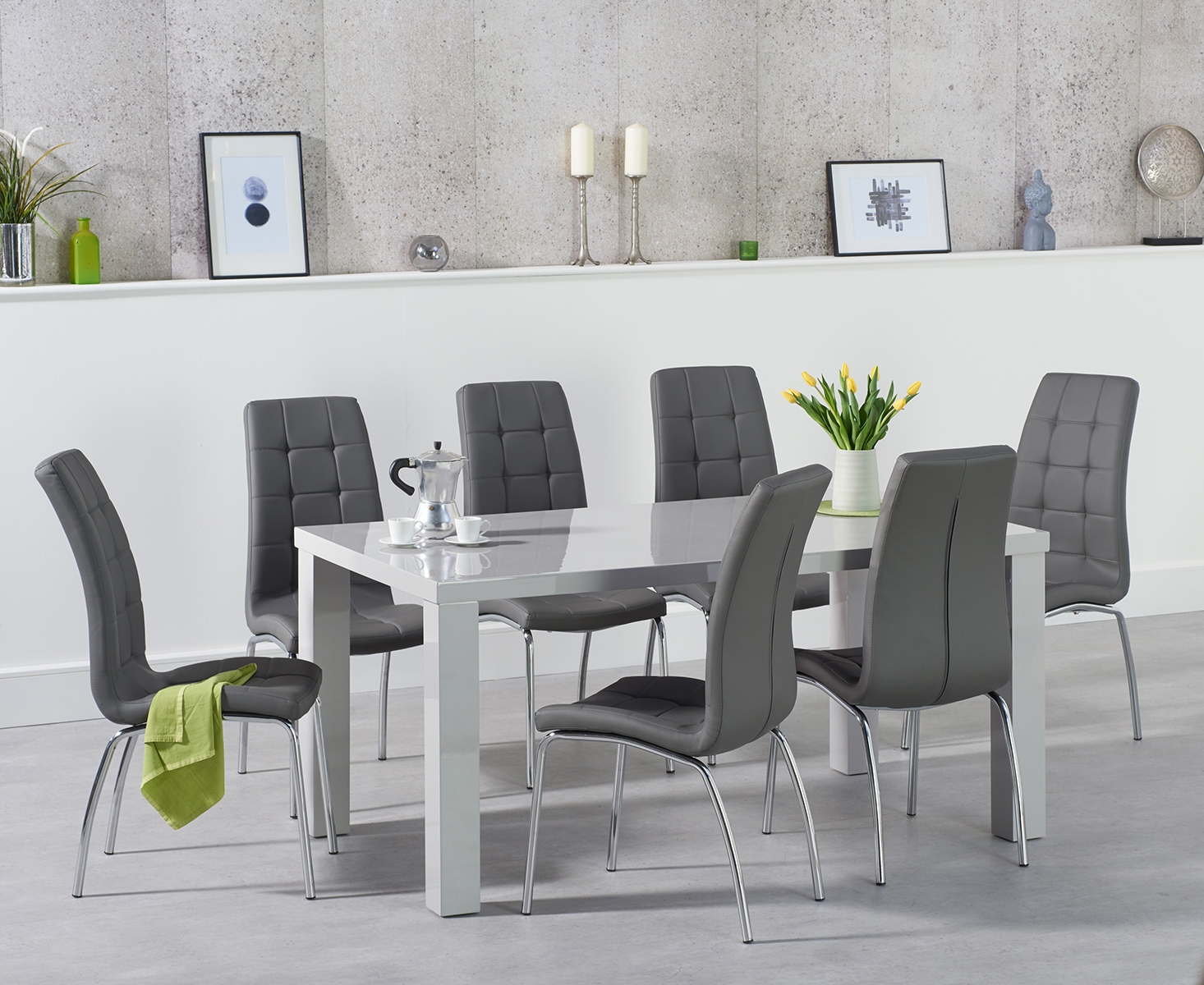 Photo 3 of Atlanta 160cm light grey high gloss dining table with 8 black enzo chairs