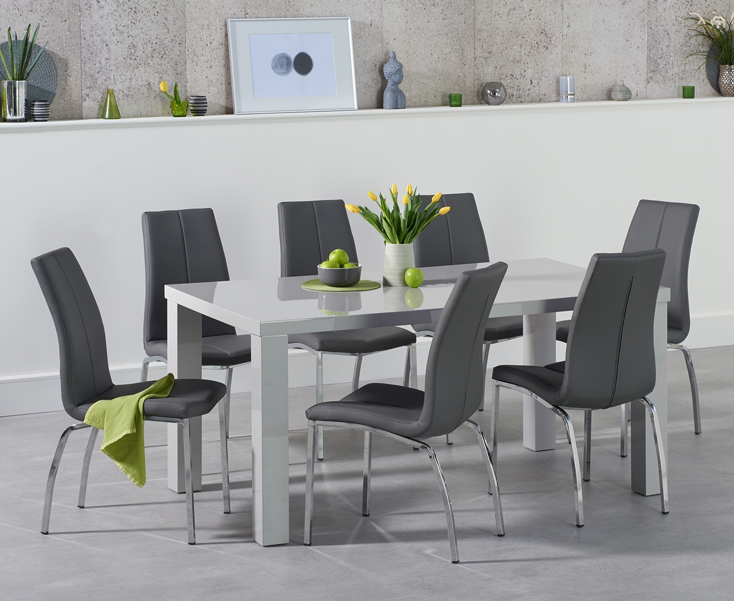 Product photograph of Atlanta 160cm Light Grey Gloss Dining Table With 6 Grey Marco Chairs from Oak Furniture Superstore