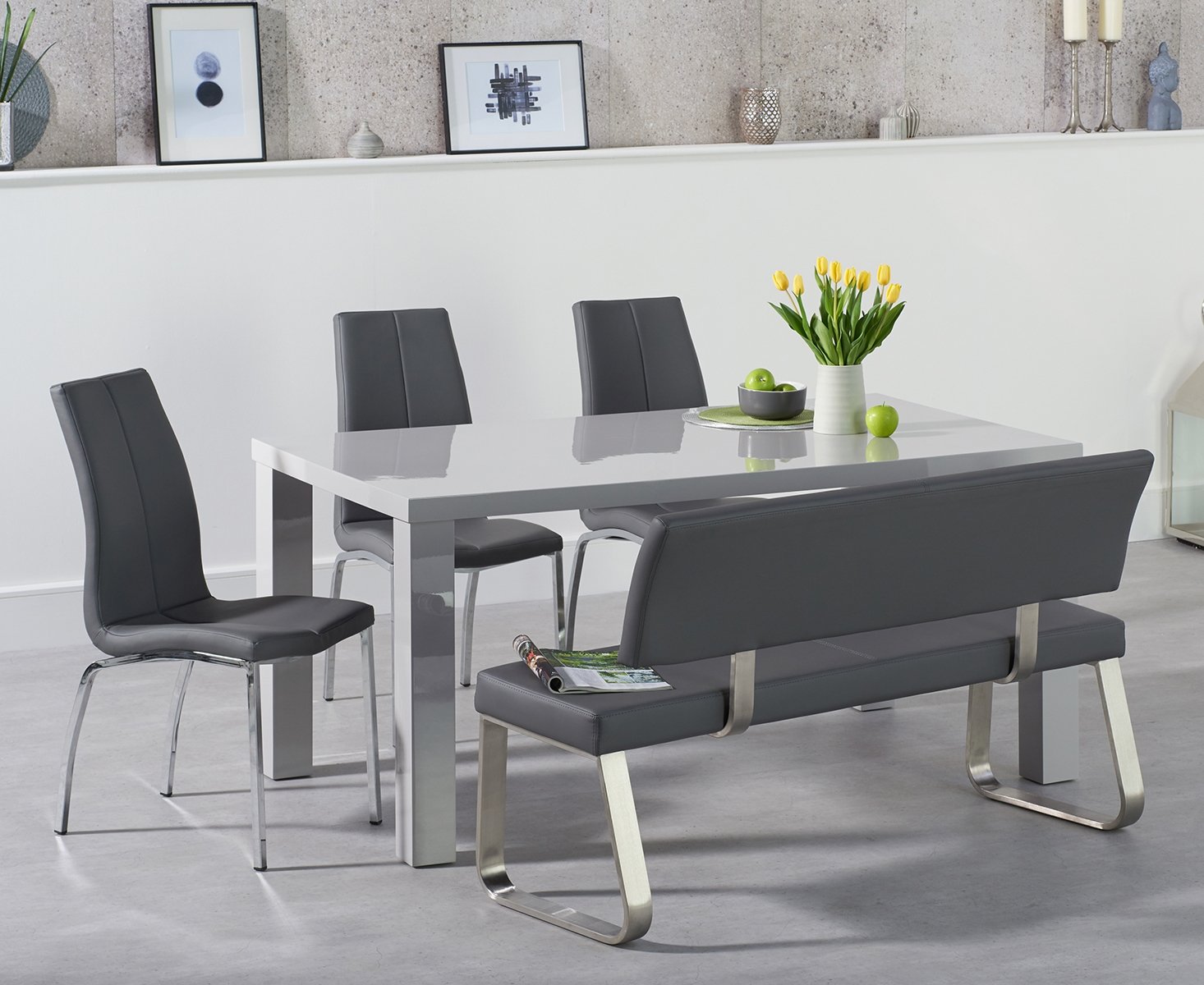 Seattle 160cm Light Grey High Gloss Dining Table With 2 Grey Marco Chairs With 2 Grey Benches
