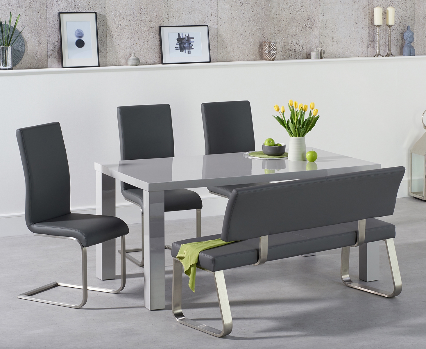 Product photograph of Seattle 160cm Light Grey High Gloss Dining Table With 4 Grey Austin Chairs With 1 Grey Bench from Oak Furniture Superstore