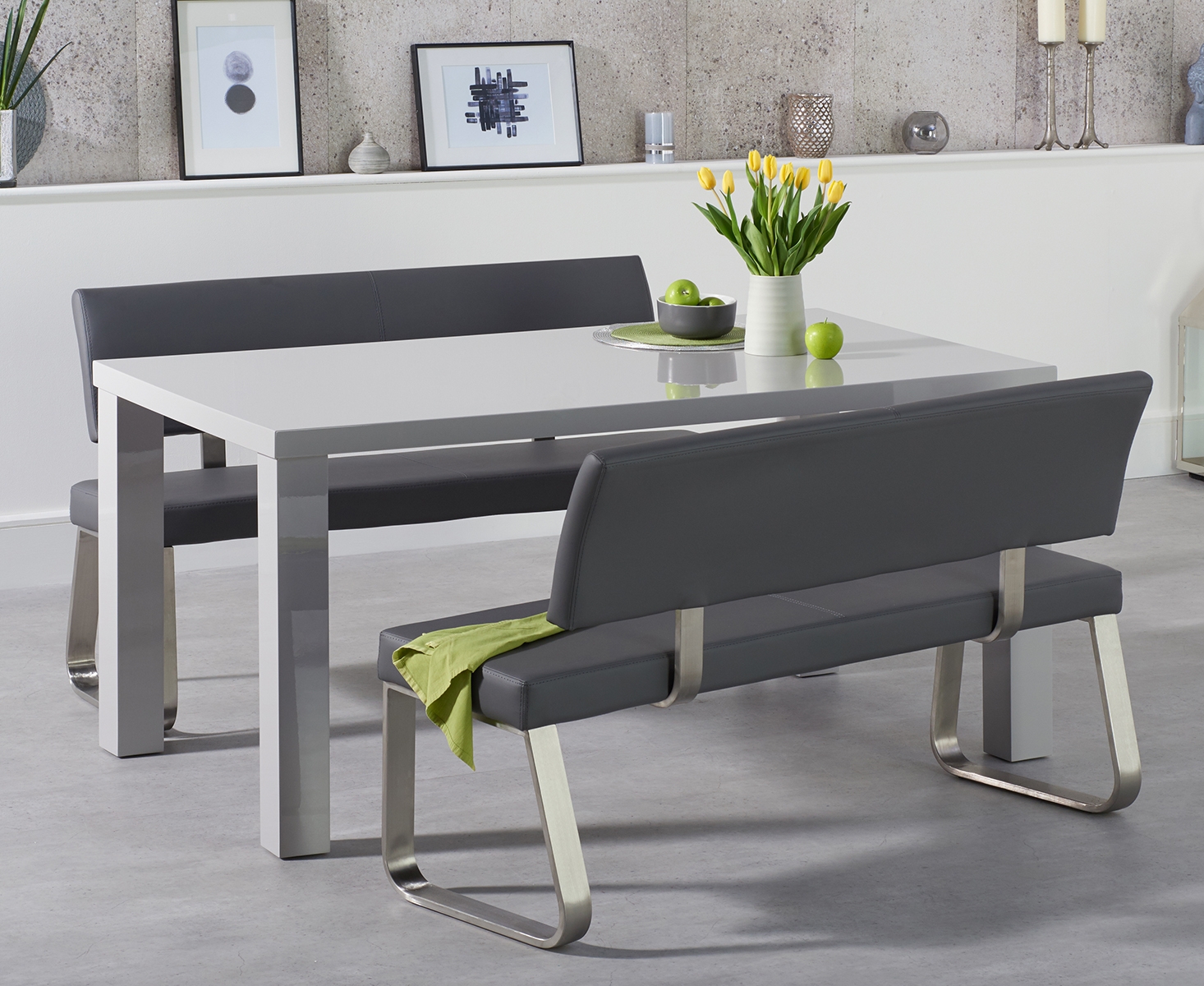Product photograph of Atlanta 160cm Light Grey High Gloss Dining Table With Malaga Benches from Oak Furniture Superstore