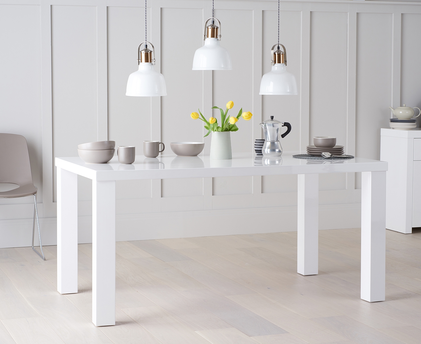Photo 1 of Atlanta 160cm white high gloss dining table with 4 grey astrid faux leather chairs