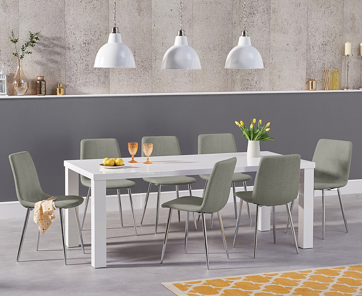 Product photograph of Atlanta 160cm White High Gloss Dining Table With 6 Grey Astrid Fabric Chrome Chairs from Oak Furniture Superstore