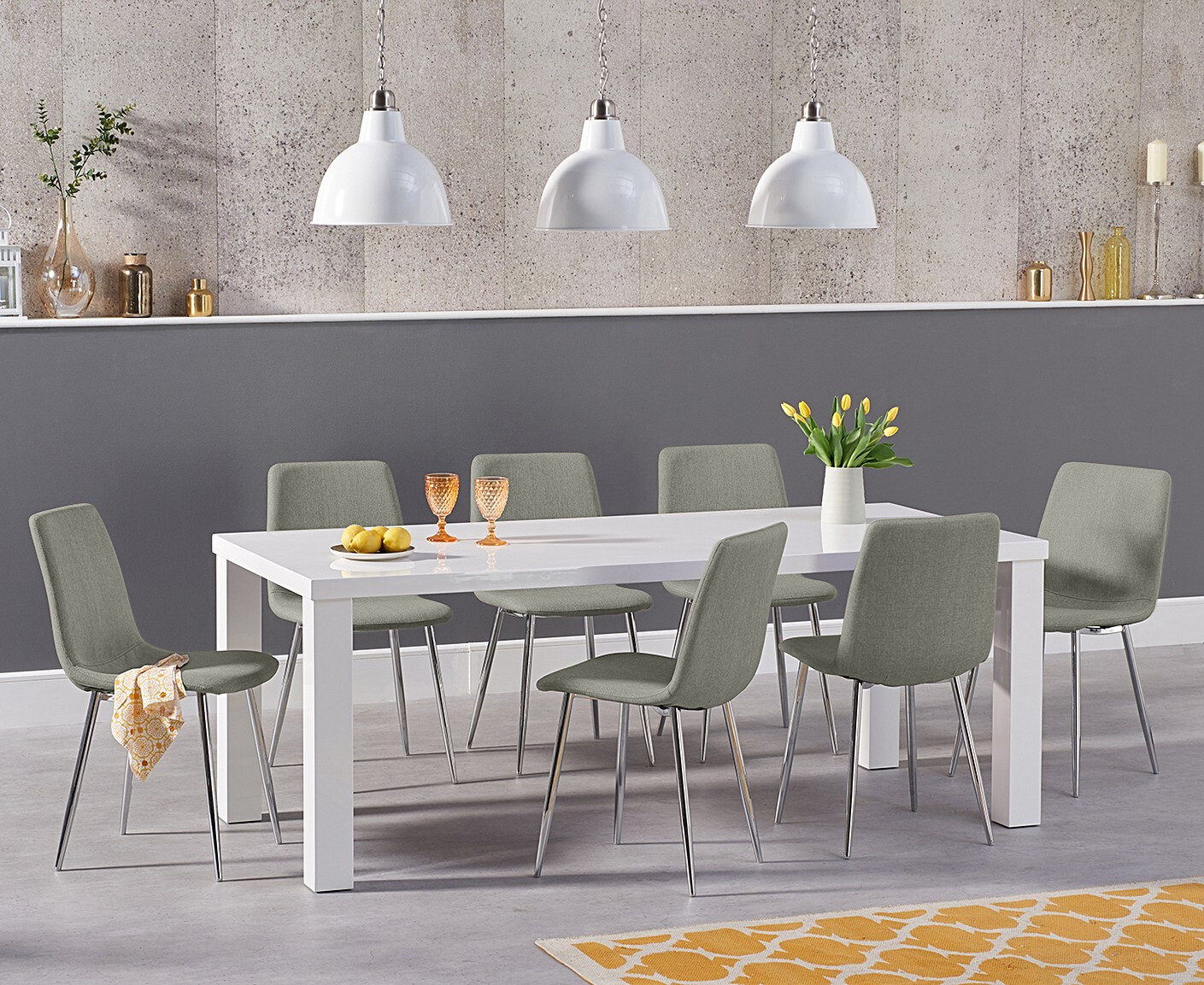 Seattle 160cm White High Gloss Dining Table With 4 Grey Helsinki Chairs