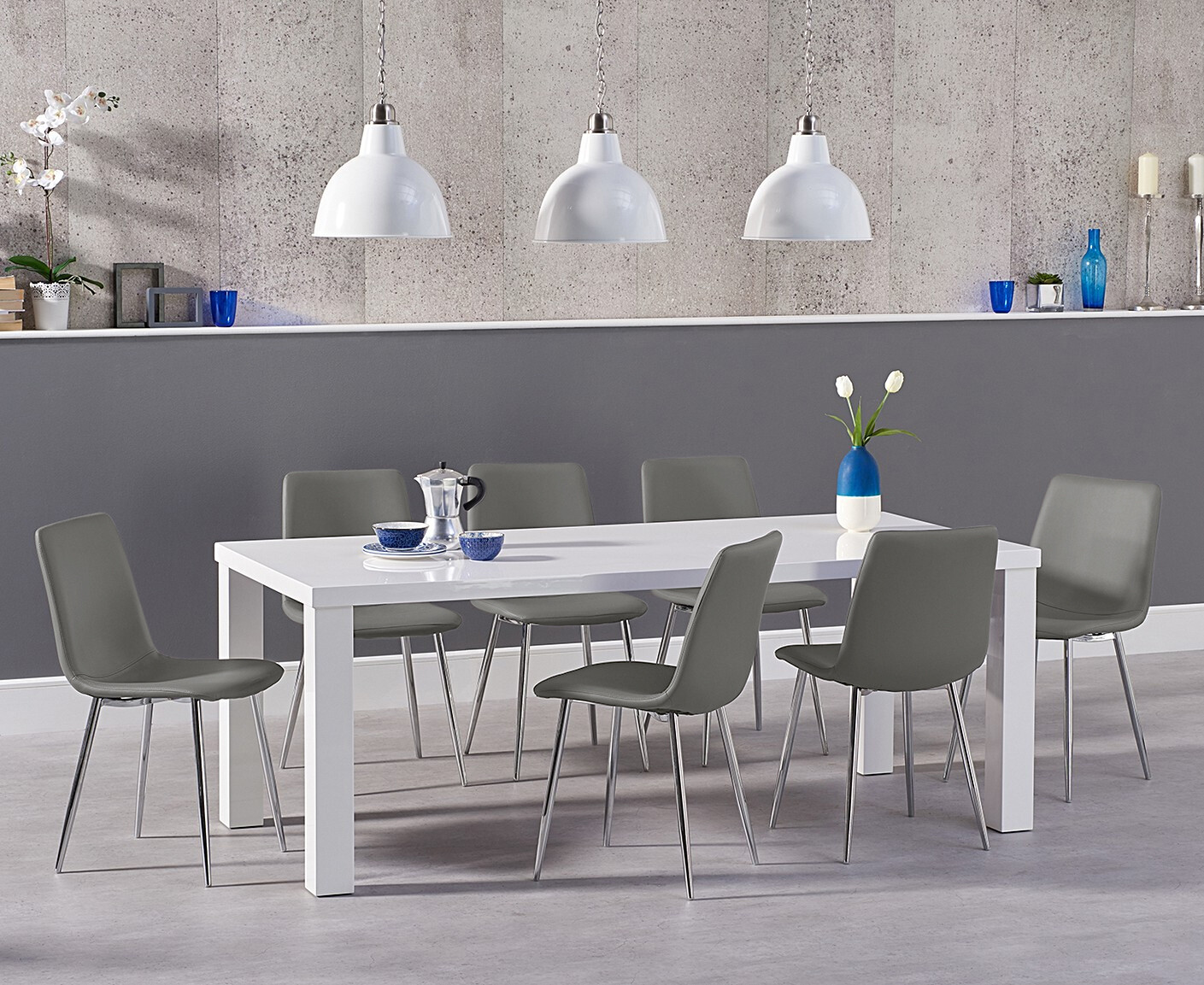 Atlanta 160cm White High Gloss Dining Table With 4 Grey Astrid Faux Leather Chairs
