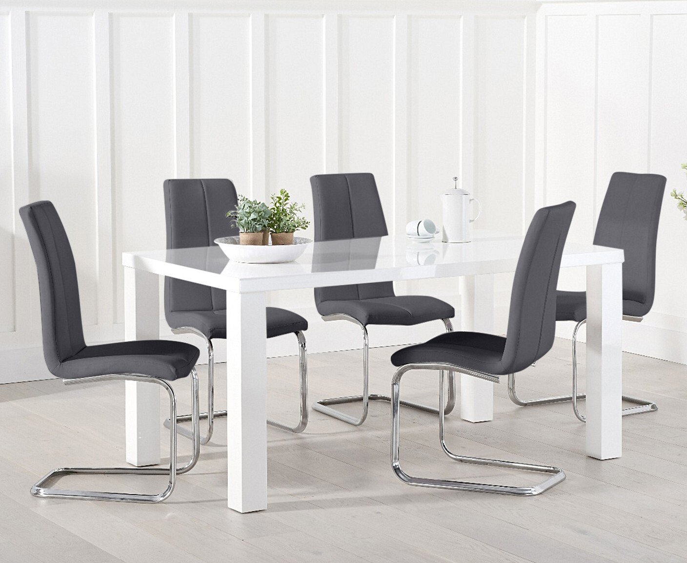 Seattle 160cm White High Gloss Dining Table With 6 Grey Gianni Chairs