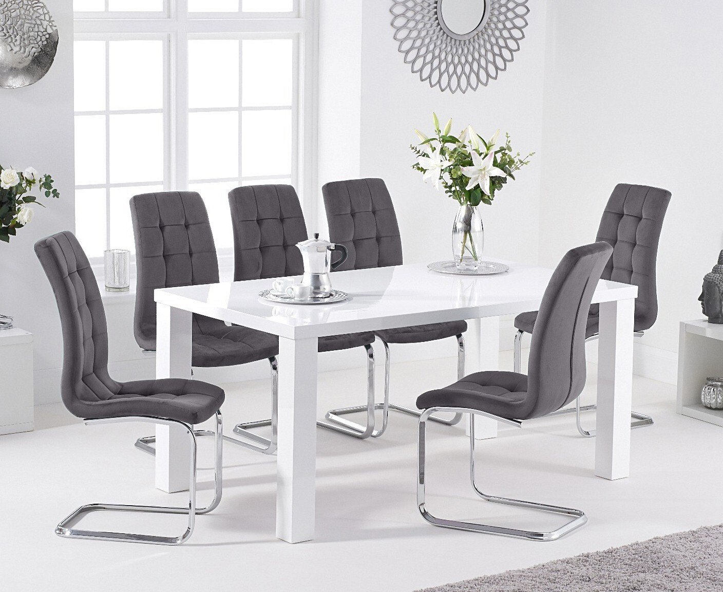 Seattle 160cm White High Gloss Dining Table With 4 Grey Vigo Chairs