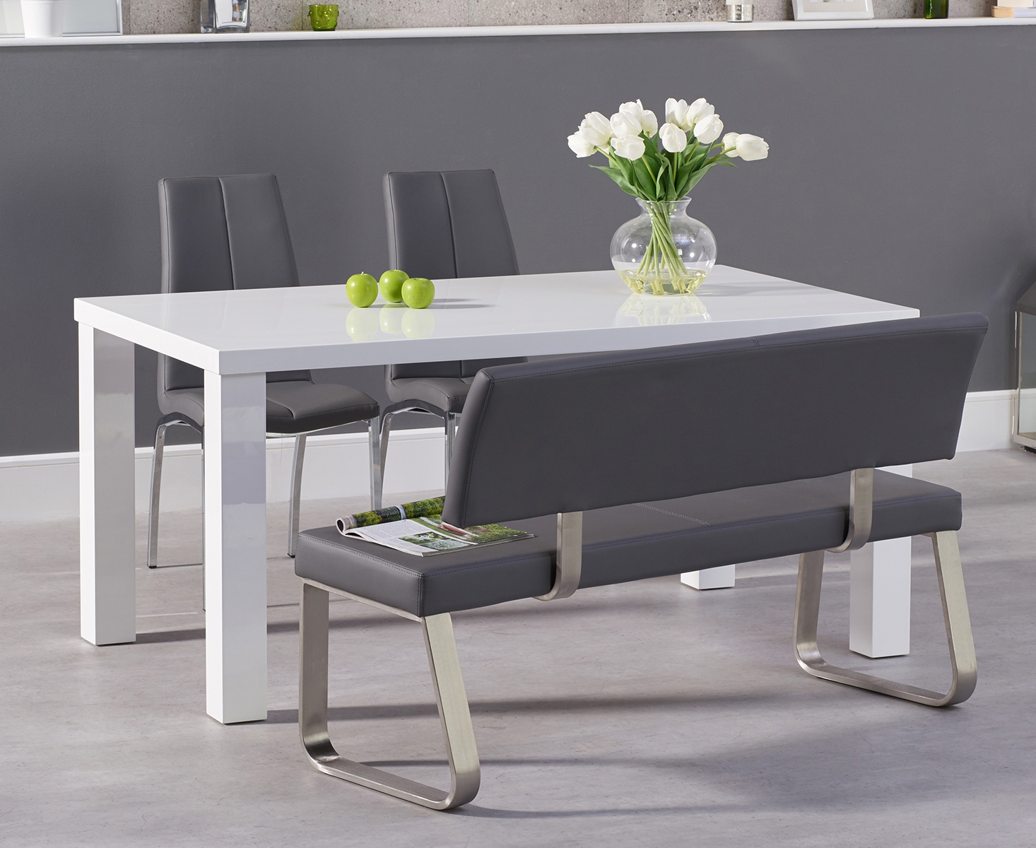 Product photograph of Atlanta 160cm White High Gloss Dining Table With 2 Grey Marco Chairs And 1 Malaga Grey Bench from Oak Furniture Superstore