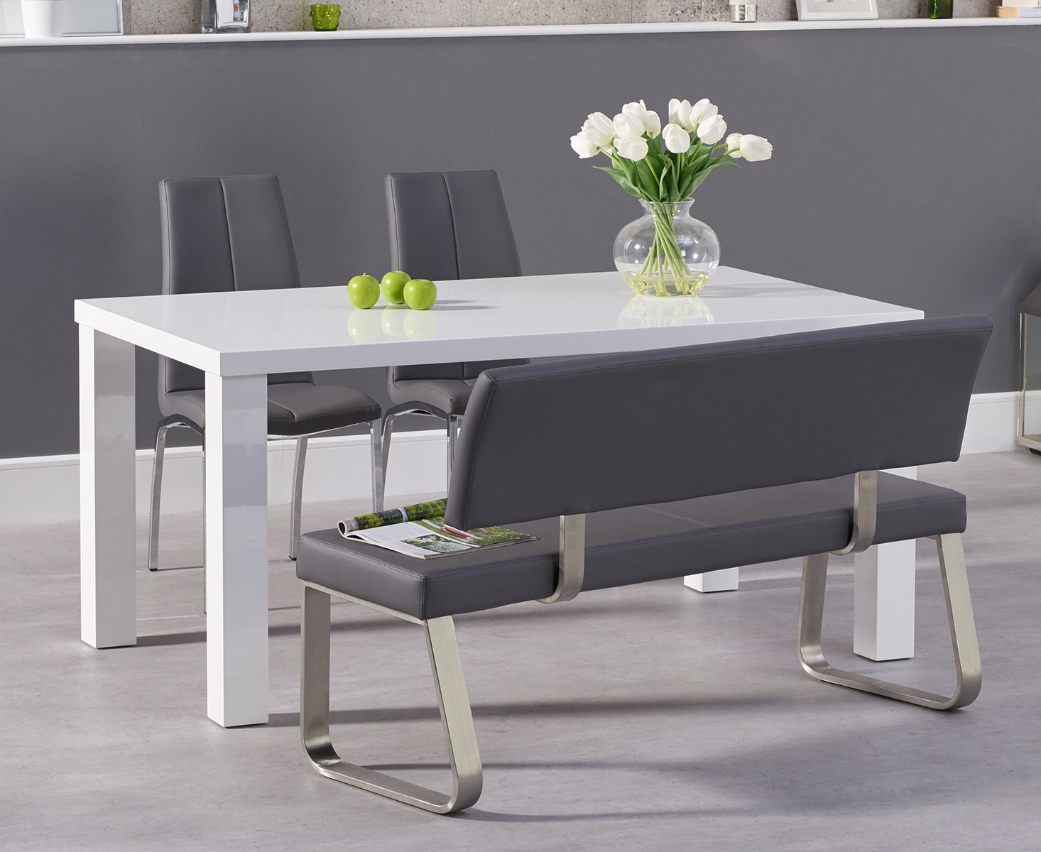 Seattle 160cm White High Gloss Dining Table With 2 Grey Marco Chairs With 1 Grey Bench