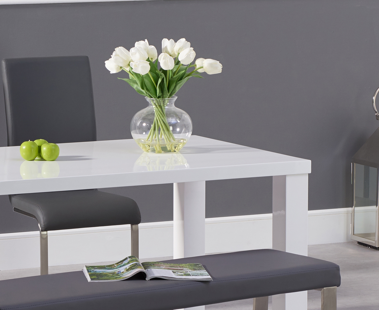 Photo 1 of Atlanta 160cm white high gloss dining table with austin chairs and austin grey bench