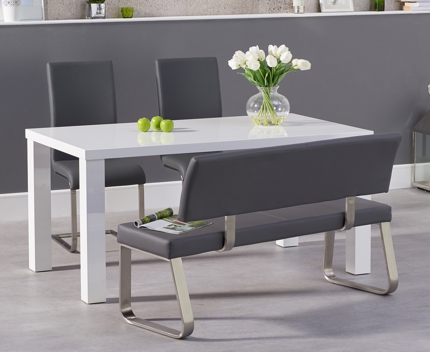 Product photograph of Atlanta 160cm White High Gloss Dining Table With 4 Grey Austin Chairs And 1 Malaga Grey Bench from Oak Furniture Superstore