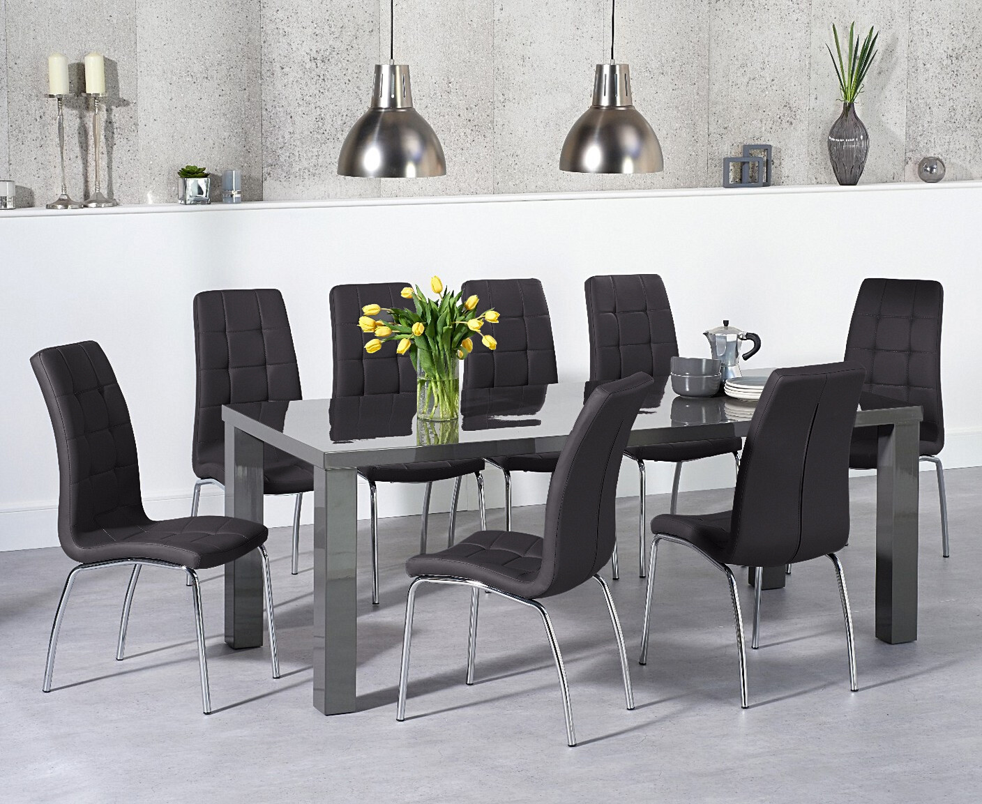 Product photograph of Atlanta 200cm Dark Grey High Gloss Dining Table With 6 White Enzo Chairs from Oak Furniture Superstore