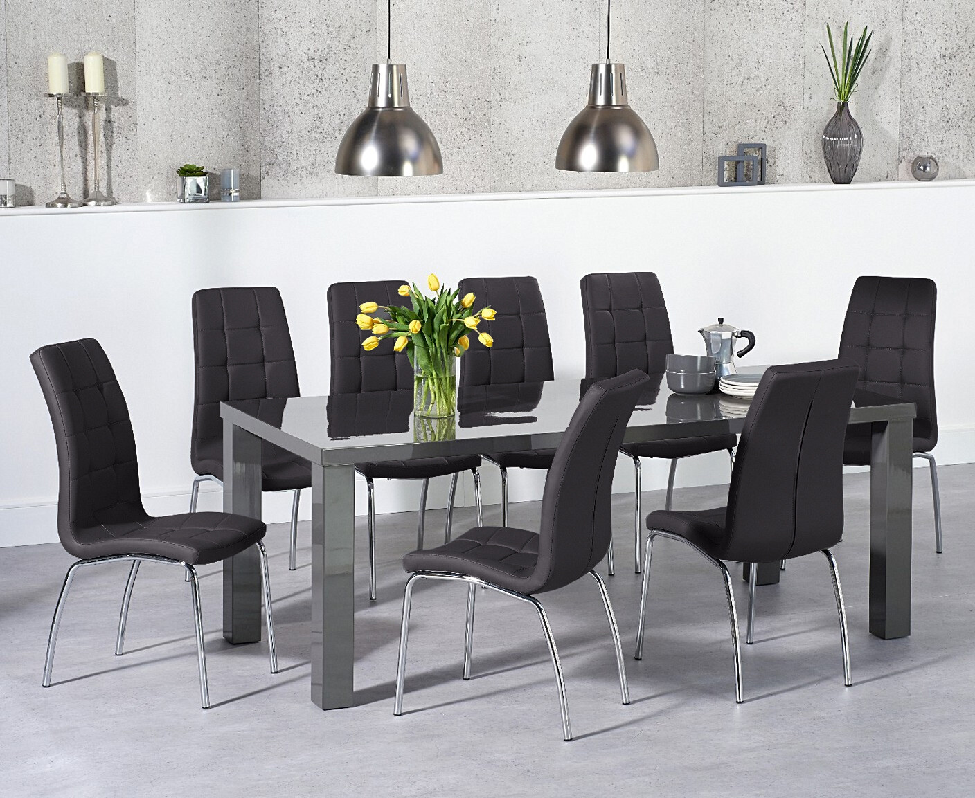 Atlanta 200cm Dark Grey High Gloss Dining Table With 10 Grey Enzo Chairs