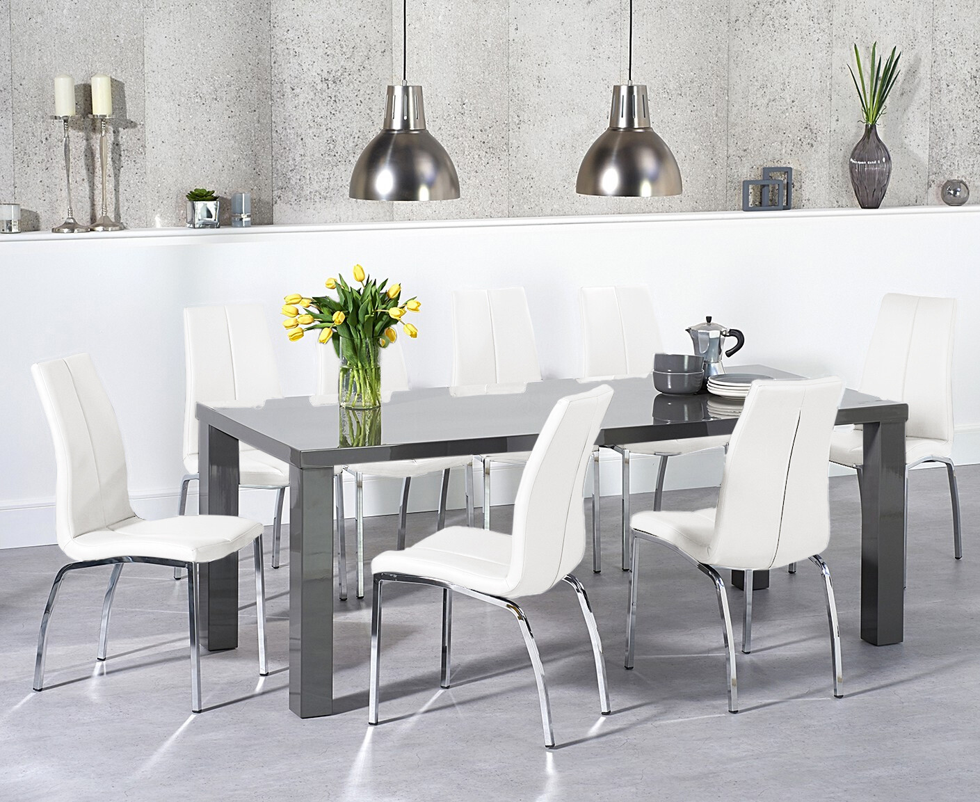 Product photograph of Seattle 200cm Dark Grey High Gloss Dining Table With 10 Grey Marco Chairs from Oak Furniture Superstore
