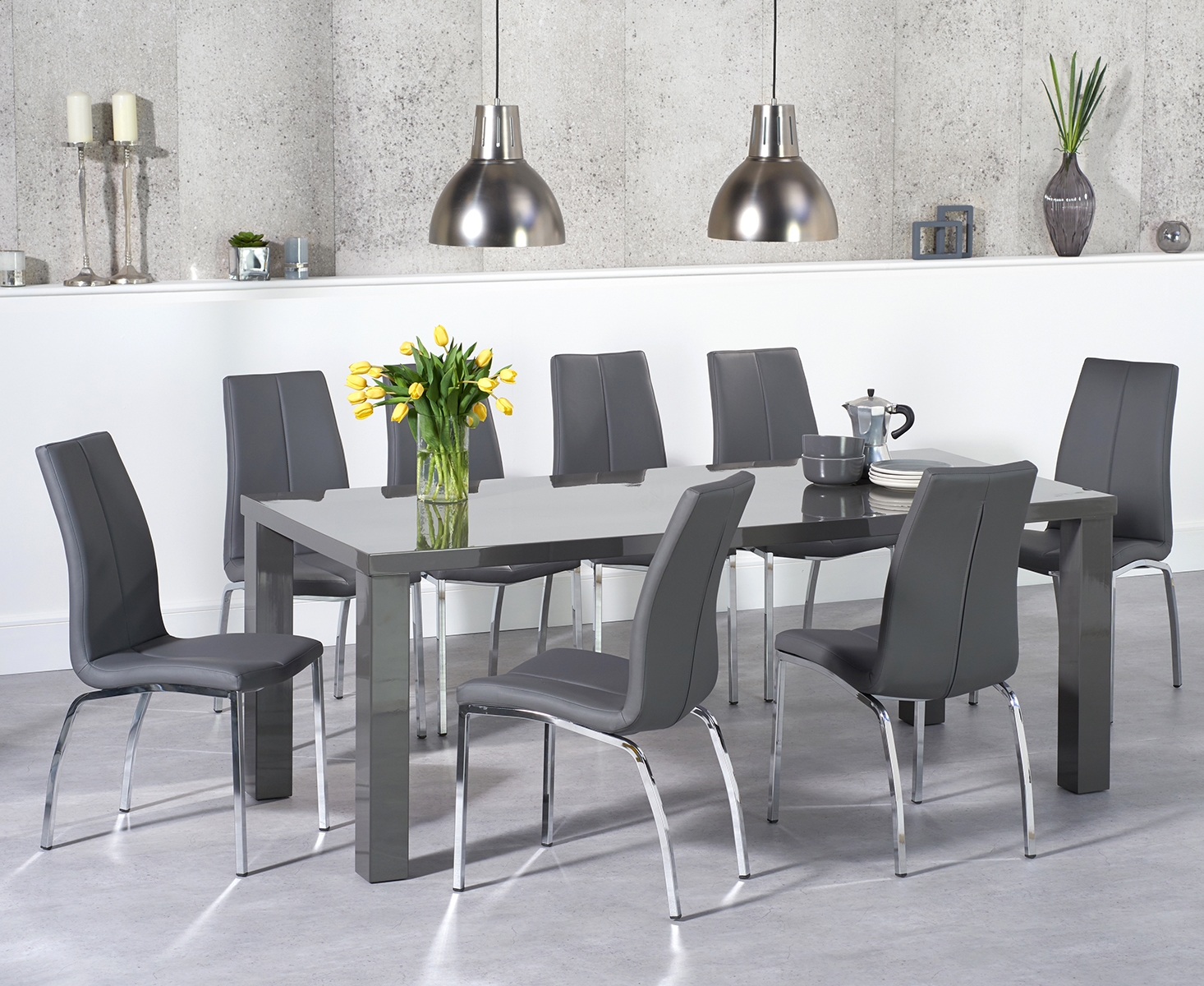 Product photograph of Atlanta 200cm Dark Grey High Gloss Dining Table With 6 Black Marco Chairs from Oak Furniture Superstore