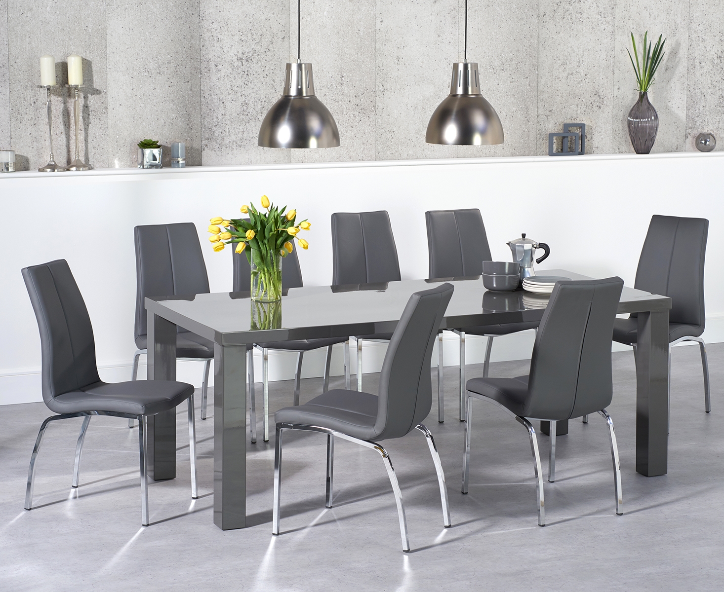 Atlanta 200cm Dark Grey High Gloss Dining Table With 10 Ivory White Marco Chairs