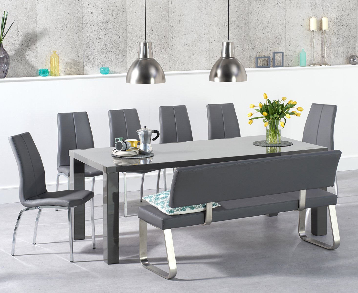 Atlanta 200cm Dark Grey High Gloss Dining Table With 4 Grey Marco Chairs With 1 Grey Bench