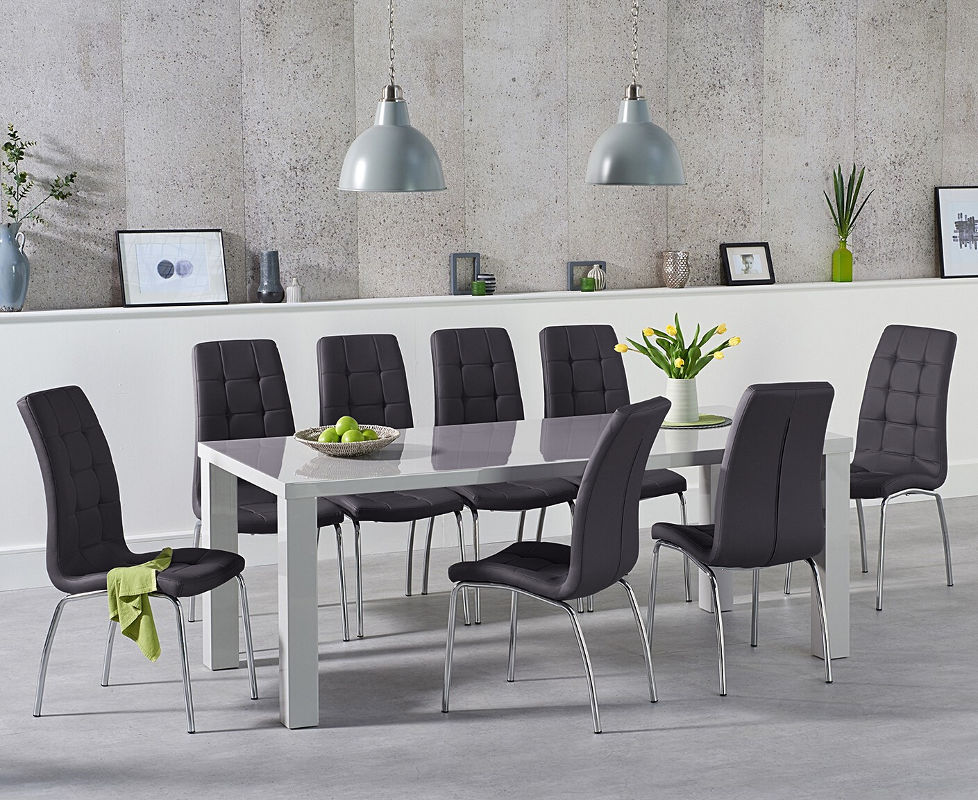 Product photograph of Atlanta 200cm Light Grey High Gloss Dining Table With 10 Black Enzo Chairs from Oak Furniture Superstore