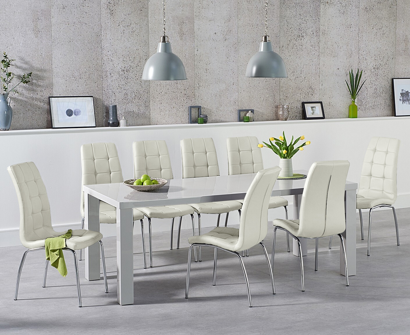 Product photograph of Atlanta 200cm Light Grey High Gloss Dining Table With 8 Cream Enzo Chairs from Oak Furniture Superstore