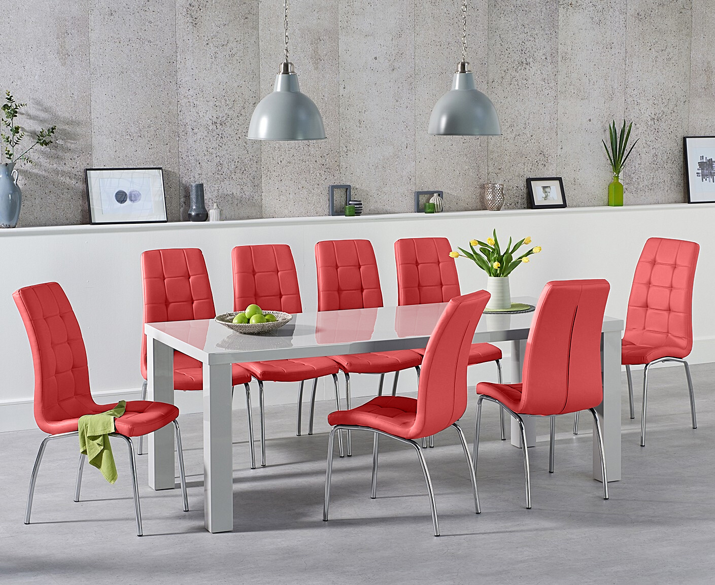 Photo 2 of Atlanta 200cm light grey high gloss dining table with 10 red enzo chairs