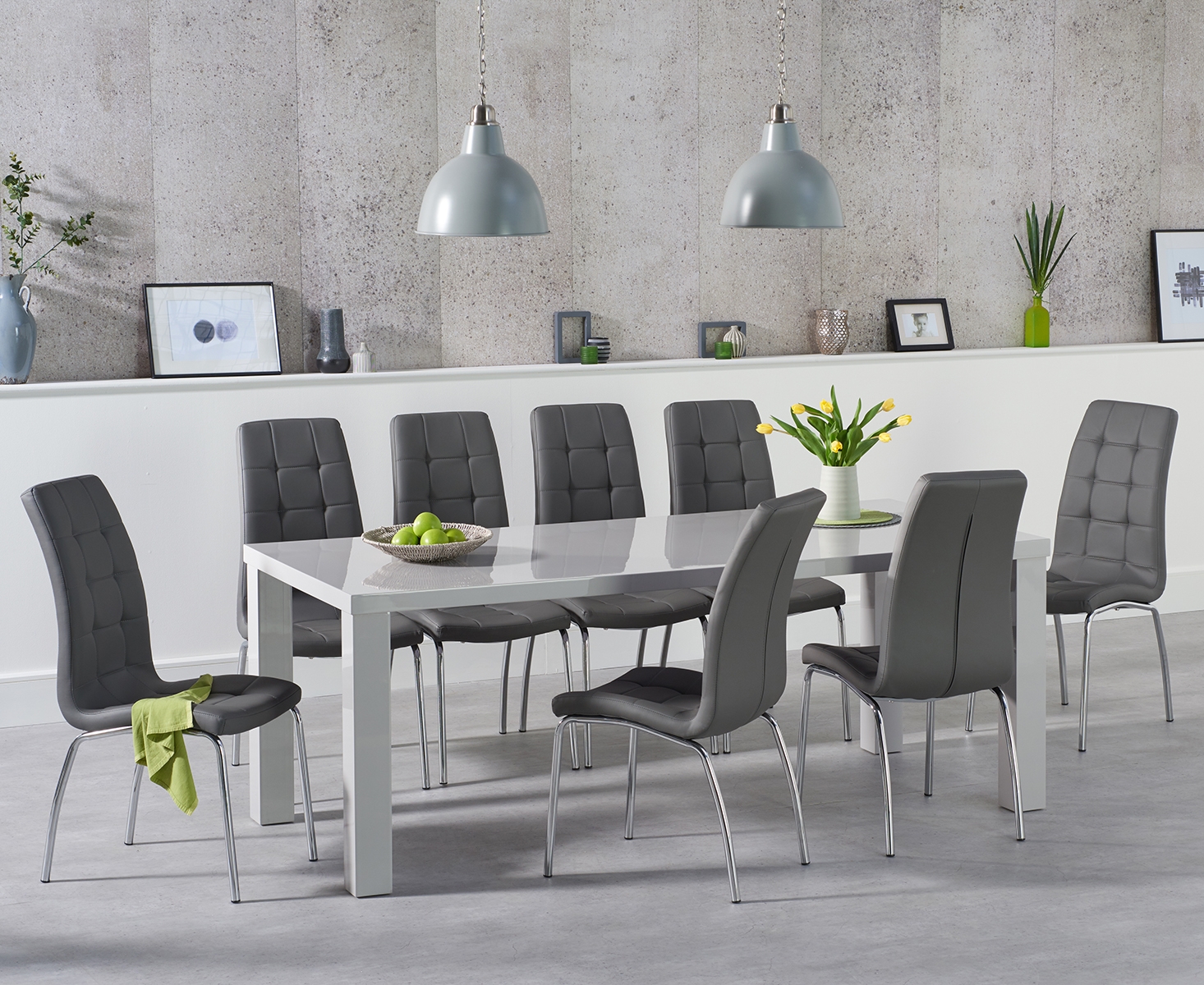 Photo 3 of Atlanta 200cm light grey high gloss dining table with 10 red enzo chairs