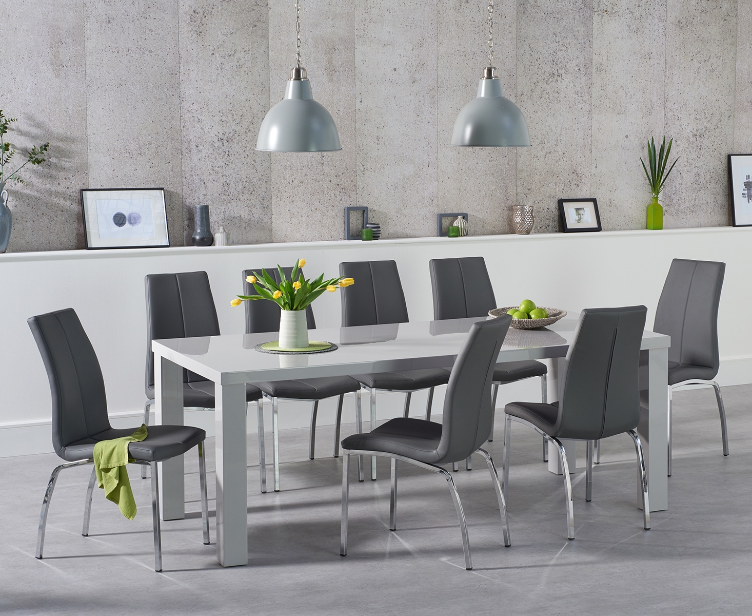 Product photograph of Atlanta 200cm Light Grey High Gloss Dining Table With 6 Grey Marco Chairs from Oak Furniture Superstore
