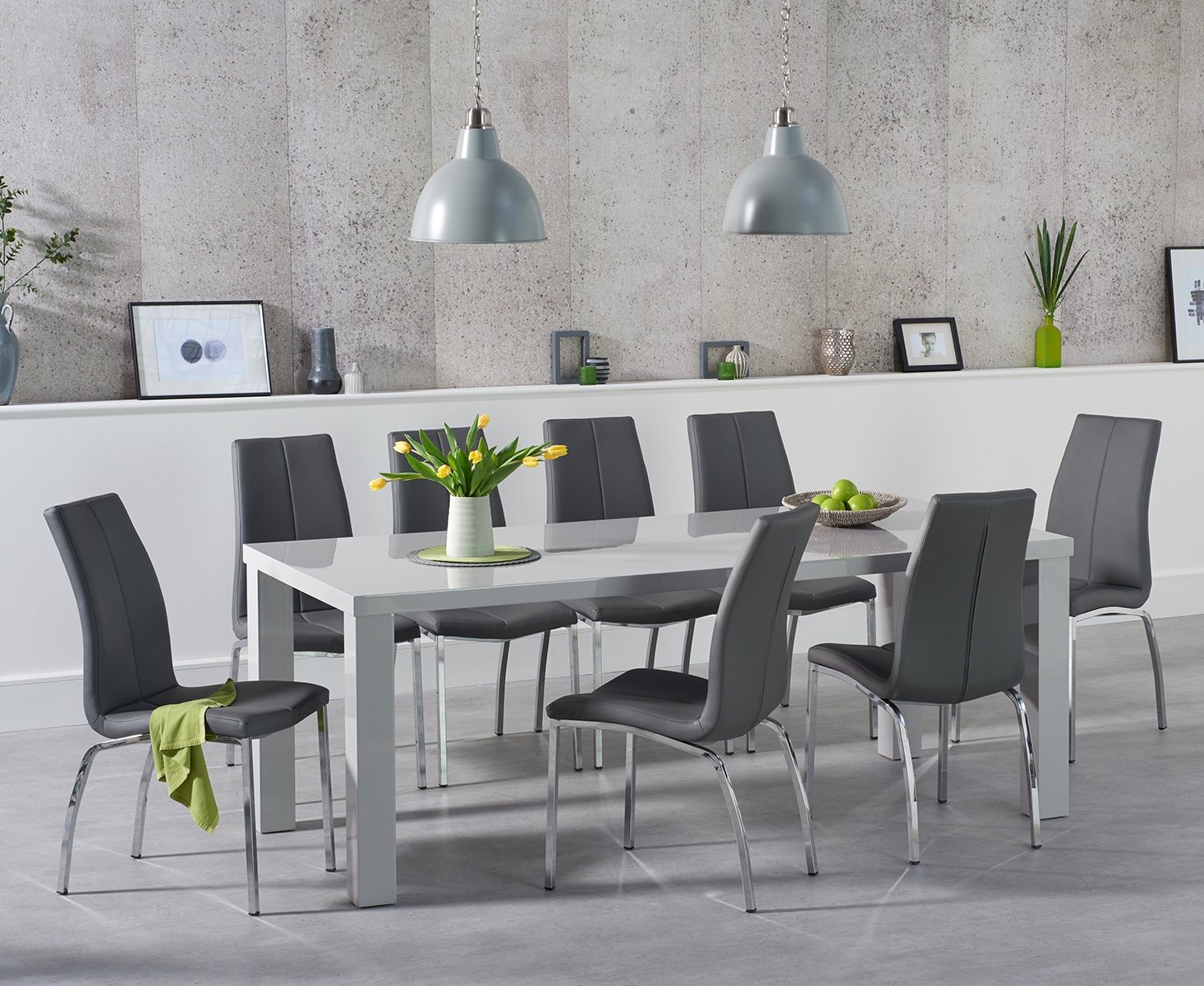 Atlanta 200cm Light Grey High Gloss Dining Table With 6 Black Marco Chairs