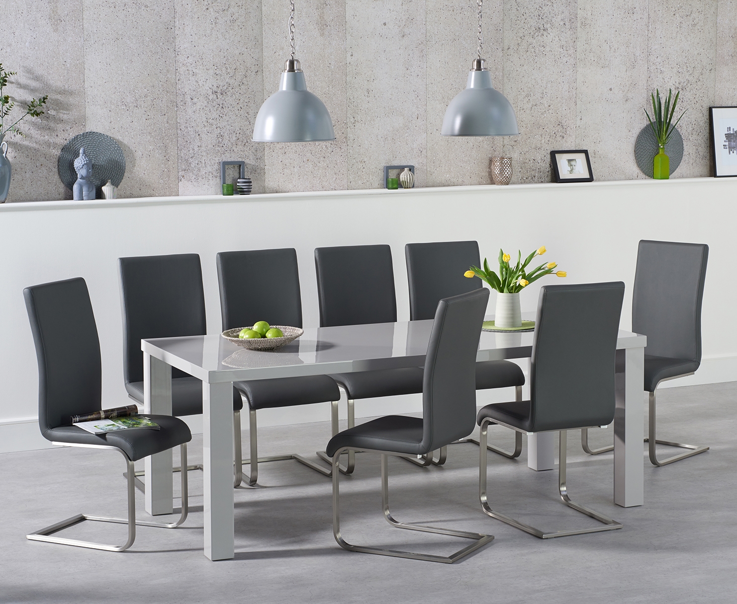 Product photograph of Atlanta 200cm Light Grey High Gloss Dining Table With 10 Black Austin Chairs from Oak Furniture Superstore