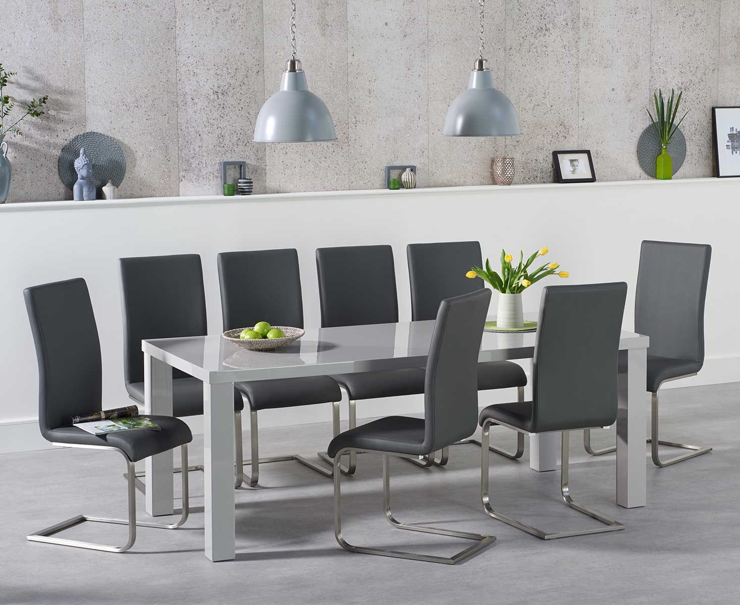 Atlanta 200cm Light Grey High Gloss Dining Table With 10 White Austin Chairs