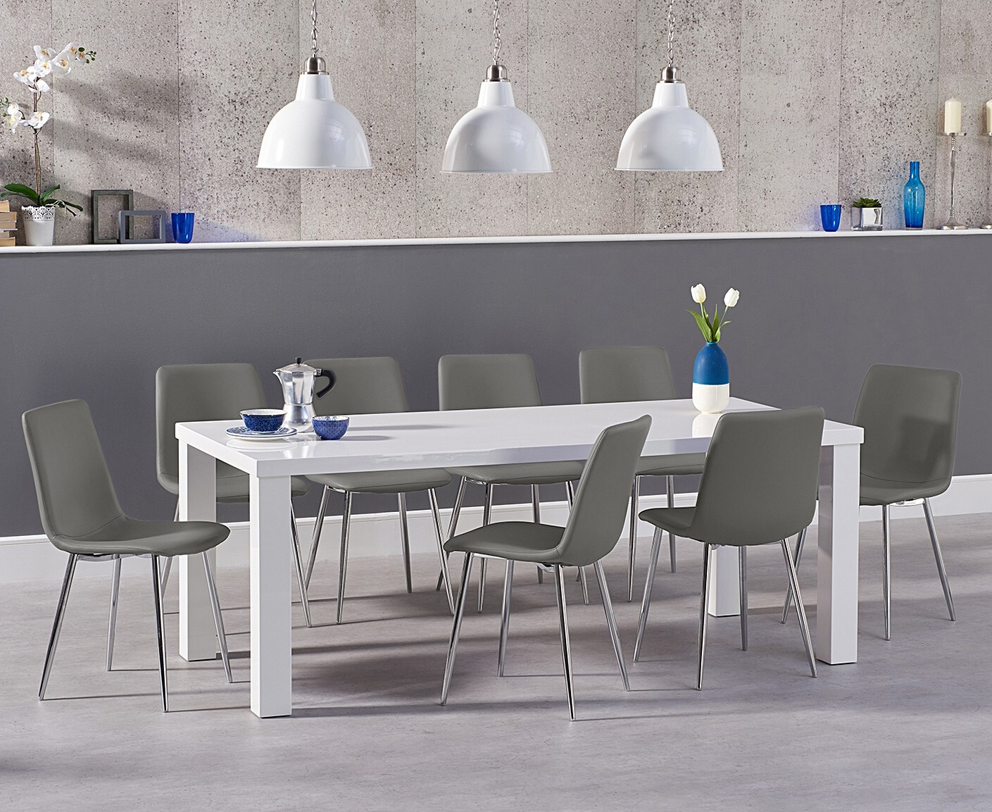 Product photograph of Seattle 200cm White High Gloss Dining Table With 10 Grey Astrid Faux Leather Chairs from Oak Furniture Superstore