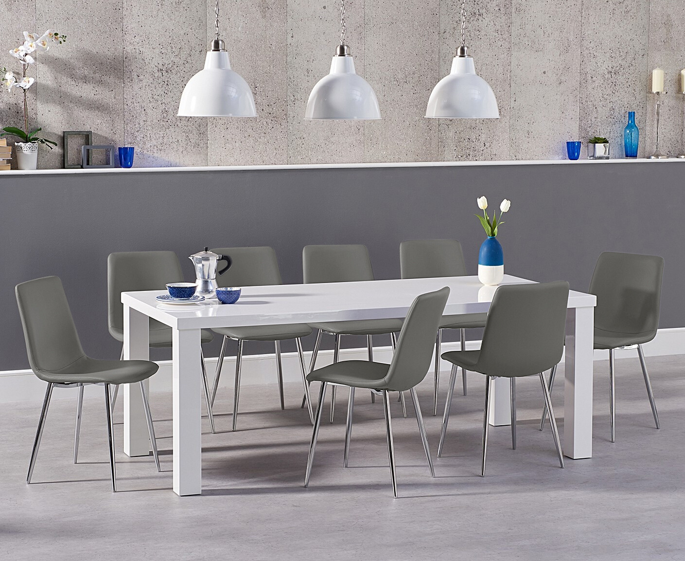 Seattle 200cm White High Gloss Dining Table With 6 Grey Astrid Chairs