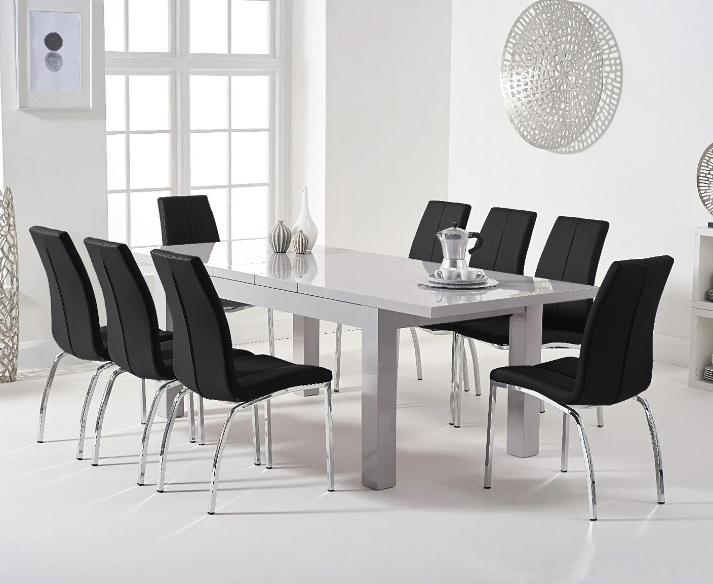 Photo 3 of Extending seattle 160cm light grey high gloss dining table with 8 white marco chairs