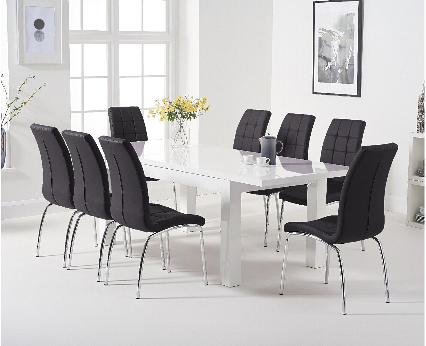Product photograph of Atlanta White Gloss 160-220cm Extending Dining Table With 4 Black Enzo Chairs from Oak Furniture Superstore
