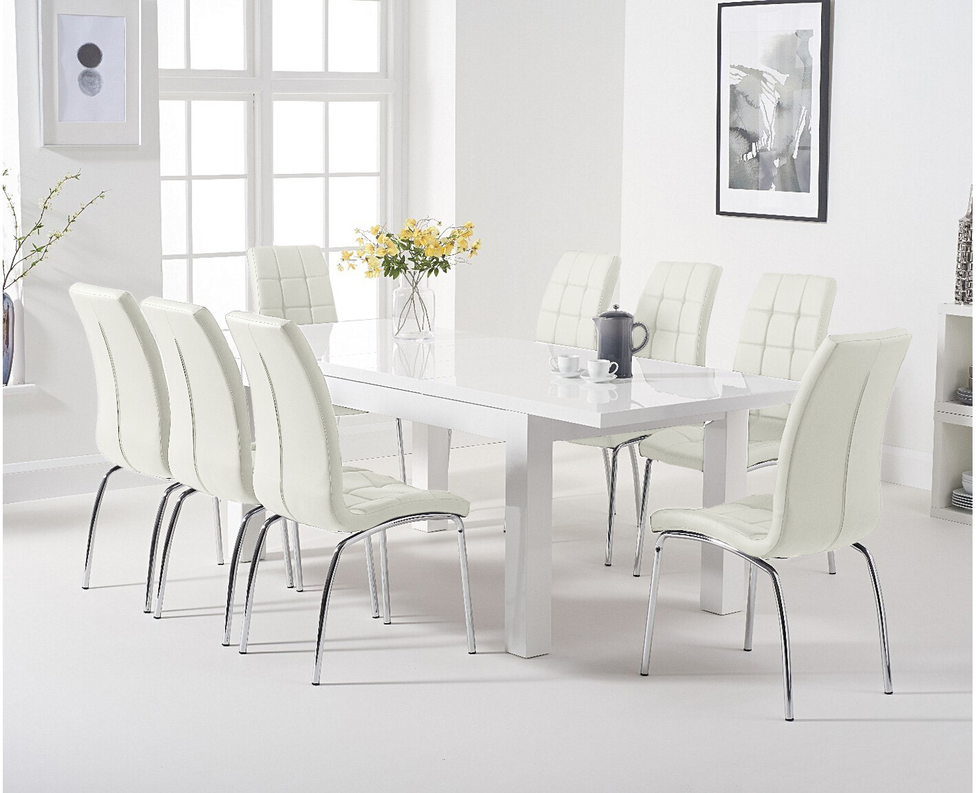 Photo 1 of Extending atlanta 160cm white high gloss dining table with 6 black enzo chairs