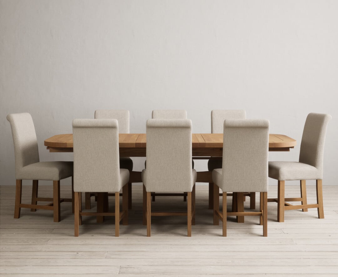 Extending Olympia 180cm Solid Oak Dining Table With 8 Natural Scroll Back Chairs