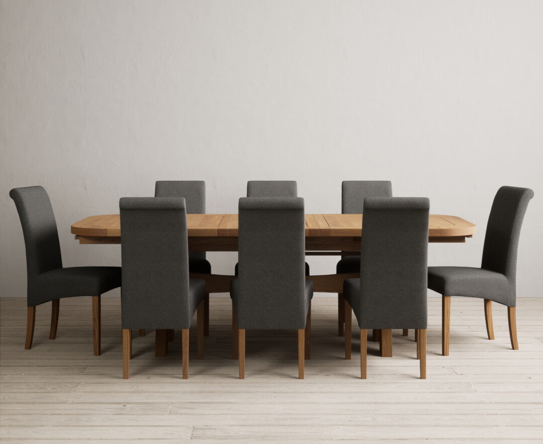 Extending Olympia 180cm Solid Oak Dining Table with 8 Charcoal Grey Scroll Back Chairs