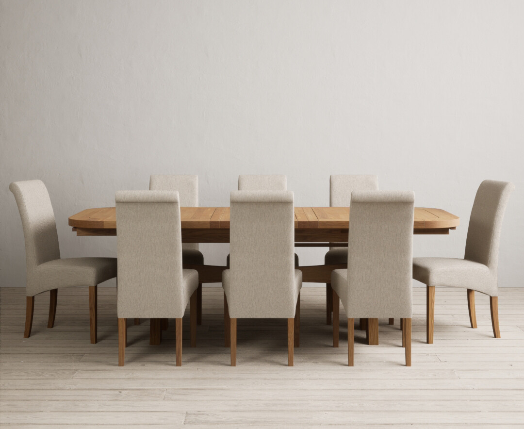 Extending Olympia 180cm Solid Oak Dining Table With 12 Grey Scroll Back Chairs