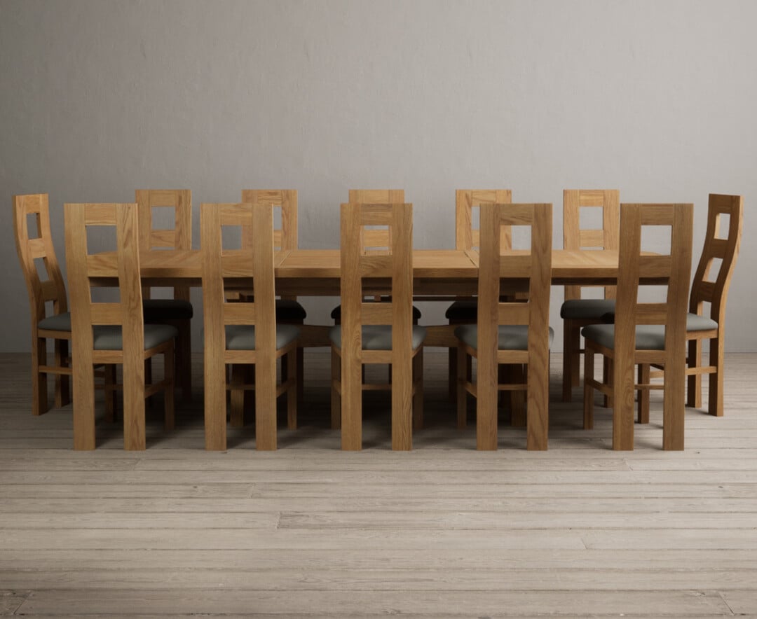 Extending Olympia 180cm Solid Oak Dining Table With 12 Grey Natural Solid Oak Chairs