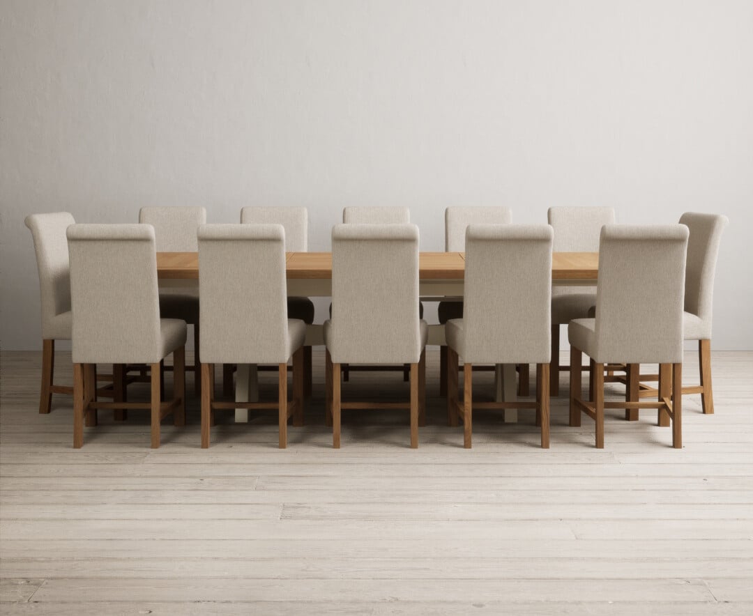 Extending Olympia 180cm Oak And Cream Painted Dining Table With 10 Charcoal Grey Chairs