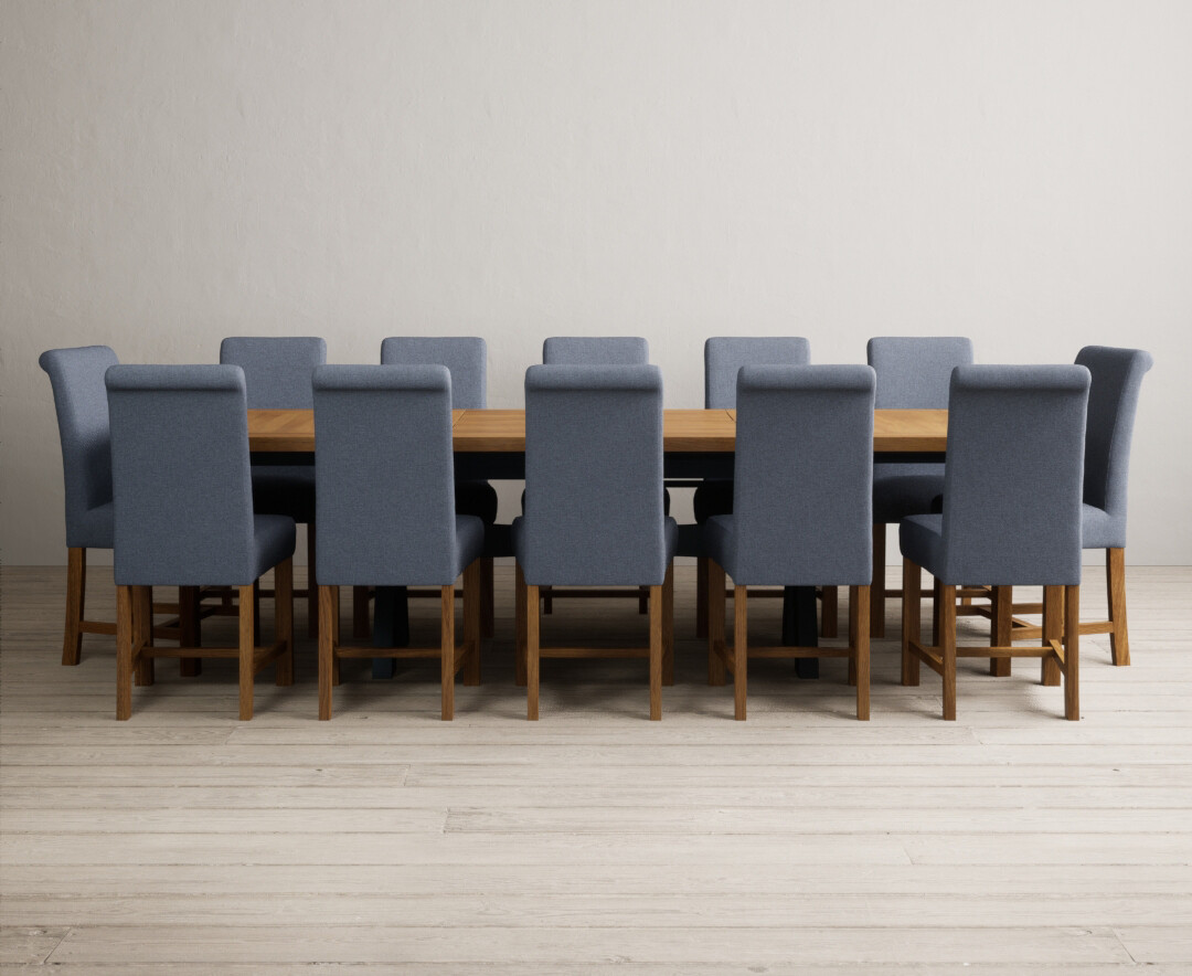 Extending Olympia 180cm Oak And Dark Blue Painted Dining Table With 8 Charcoal Grey Chairs