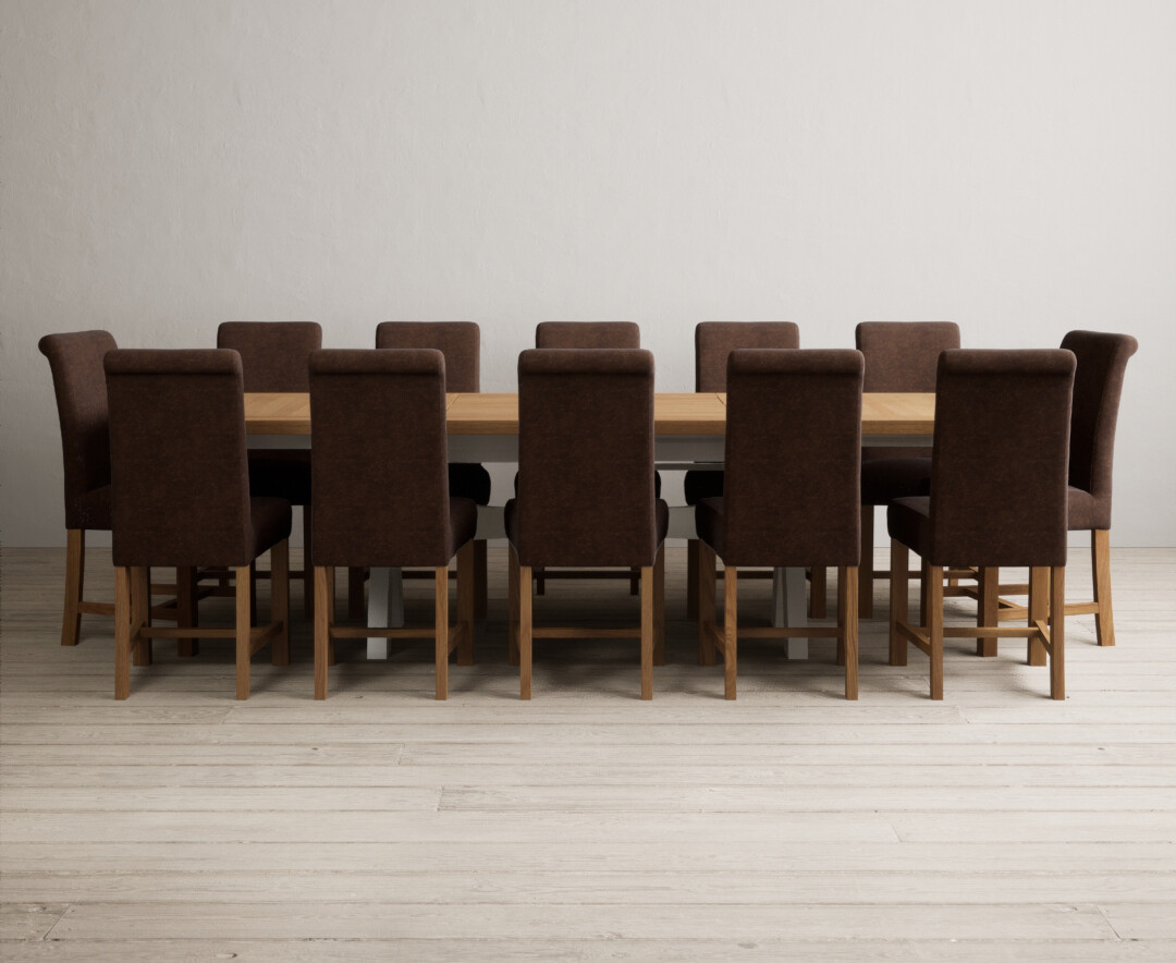 Extending Olympia 180cm Oak And Signal White Painted Dining Table With 10 Blue Scroll Back Chairs