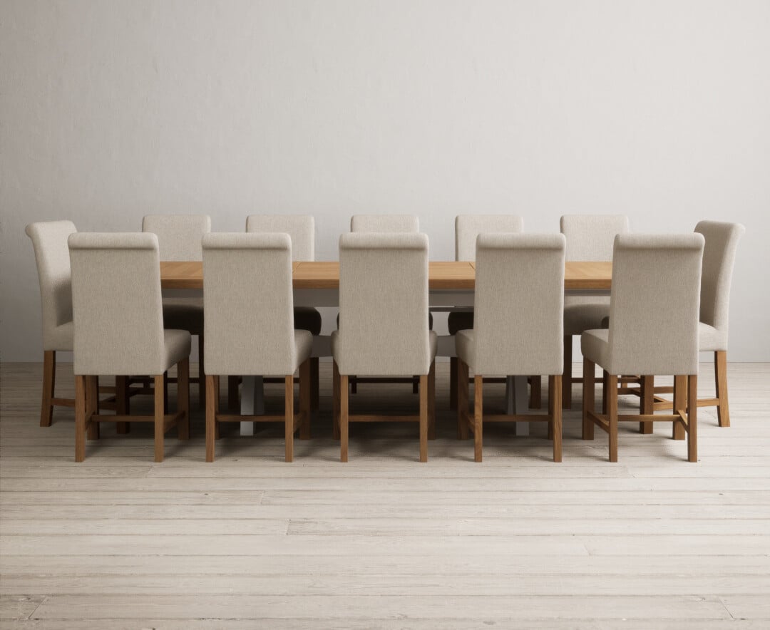 Extending Olympia 180cm Oak And Soft White Painted Dining Table With 10 Charcoal Grey Chairs