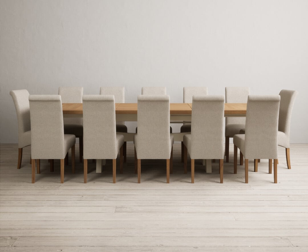 Extending Olympia 180cm Oak And Cream Painted Dining Table With 6 Charcoal Grey Scroll Back Chairs