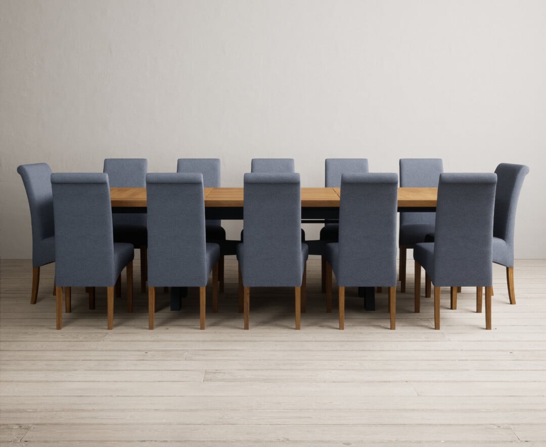 Extending Olympia 180cm Oak And Dark Blue Painted Dining Table With 12 Charcoal Grey Scroll Back Chairs