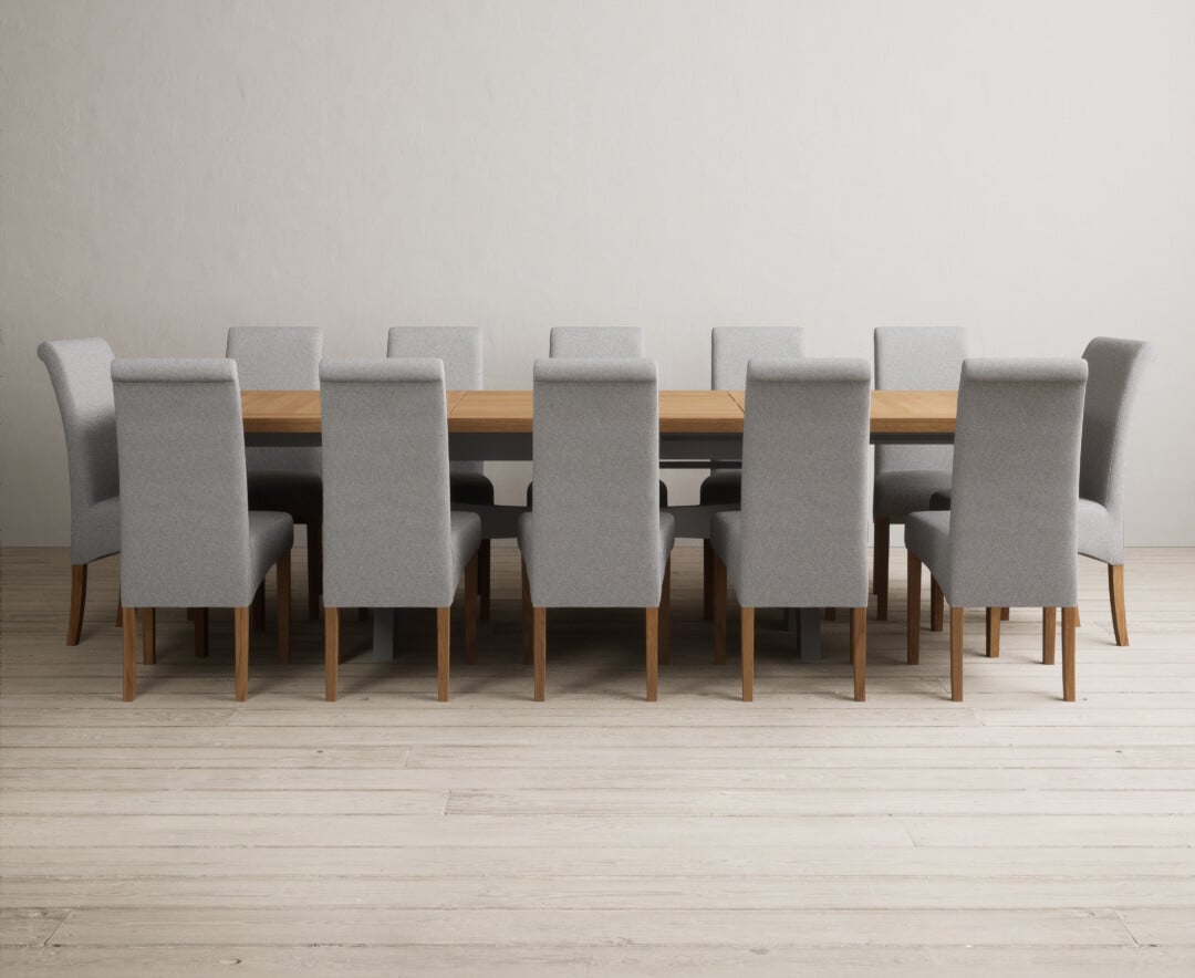 Extending Olympia 180cm Oak And Light Grey Painted Dining Table With 10 Natural Chairs