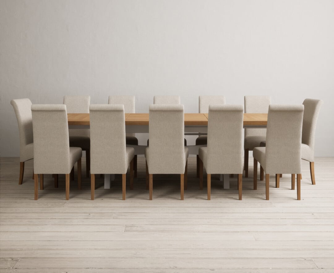 Extending Olympia 180cm Oak And Soft White Painted Dining Table With 6 Blue Chairs