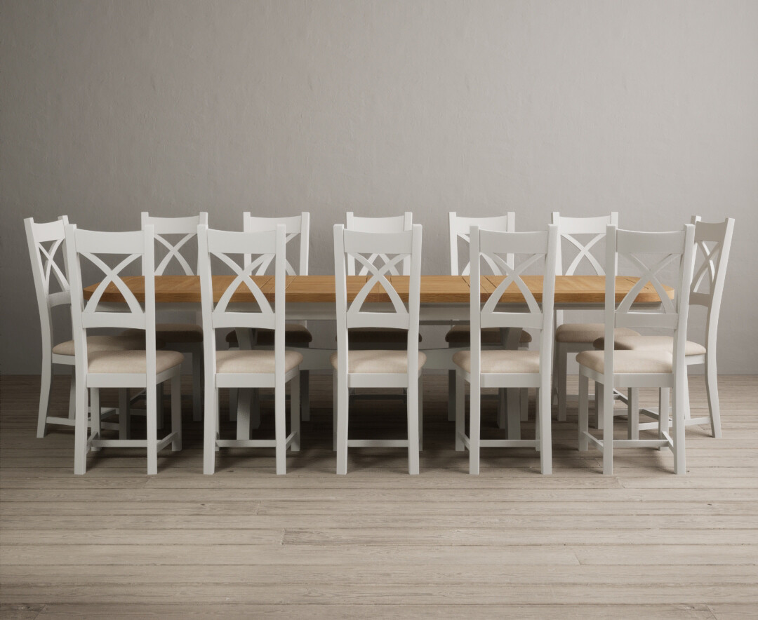 Product photograph of Extending Olympia 180cm Oak And Signal White Painted Dining Table With 12 Charcoal Grey Painted Chairs from Oak Furniture Superstore